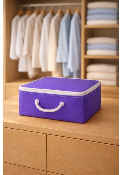 Şeffaf Kapaklı Saklama Hurcu 28x32x15 Kıyafet, Çorap Ve Dolap Düzenleyici Organizer Mor