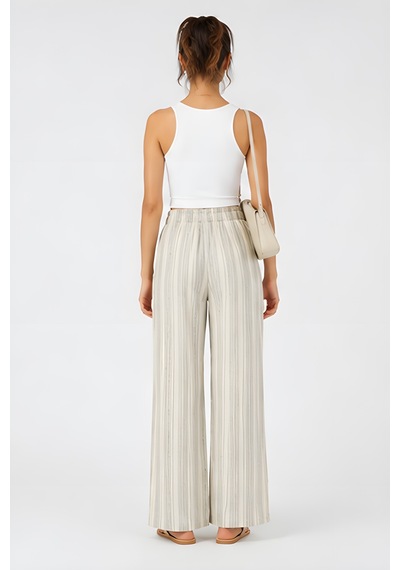 Lili Woman Kadın Yüksek Bel Çizgili Keten Karışımlı Relax Fit Pantolon E.kp01 Ekru