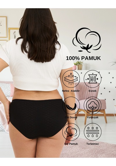 Alya Underwear %100 Pamuk Kumaşlı, Büyük Beden Yüksek Bel Kalp Desenli Ribana Jakar Kadın Külot Siyah