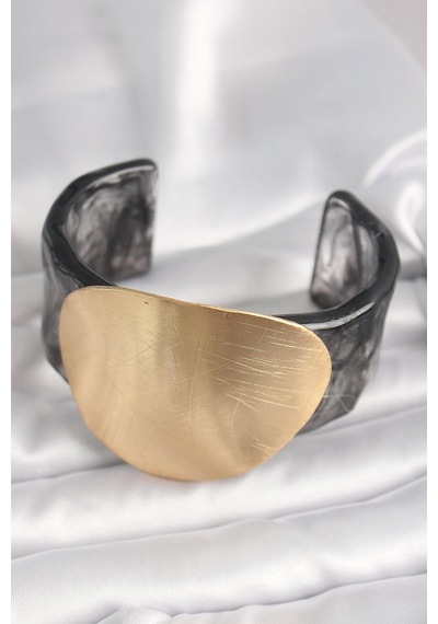 Siyah Mermer Desen Akrilik Plastik Gold Daire Plaka Model Vintage Kadın Bilezik