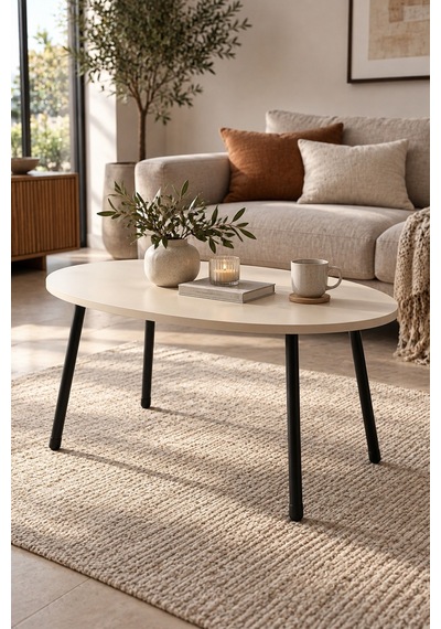Sulorahome Metal Ayaklı Oval Orta Sehpa Krem