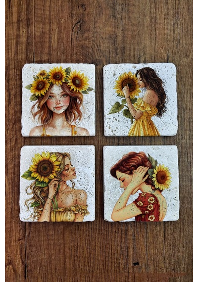 Doğal Taş Bardak Altlığı -ayçiçeği & Kız Temalı Stone Coasters Çok Renkli
