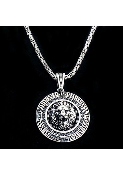 925 Ayar Gümüş Siyah Zirkon Taşlı Aslan Figürlü Kral Zincir Erkek Kolye Gümüş