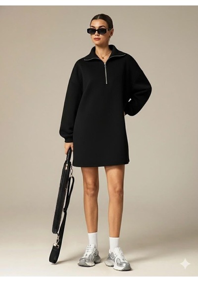Afri 3 İplik Şardonlu Siyah Oversize Fermuarlı Tunik Sweatshirt - Günlük Spor Elbise Siyah