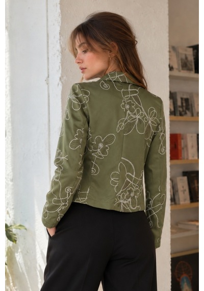 Armonika Kadın Yeşil Kruvaze Yaka Desenli Crop Ceket Arm-27k001025