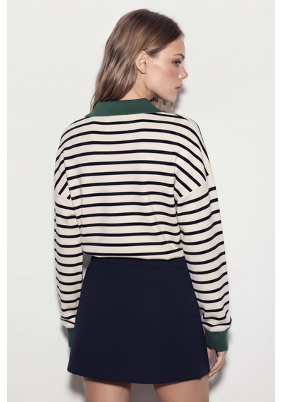 Soft&basic Çizgili Polo Yaka Triko Kadın Kazak Fermuarlı Haki