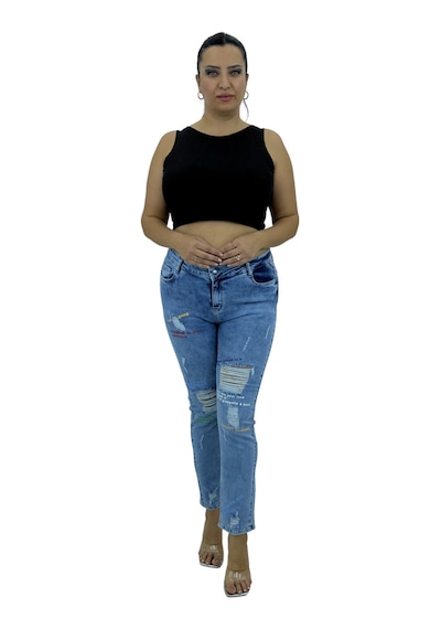 Büyük Beden Denim Yırtık Yıpratma Detaylı Dar Paça Kadın Pantolon Mavi