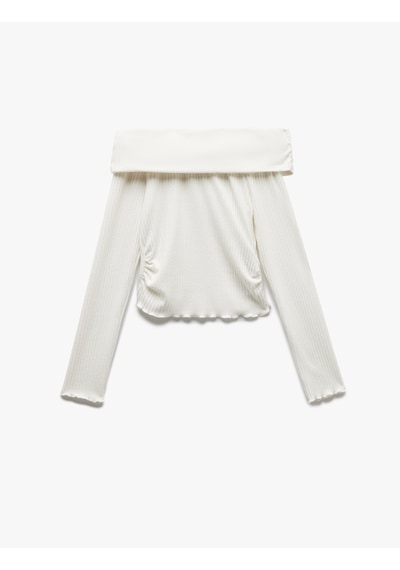 Koton Omzu Açık Slim Fit Viskon Karışımlı Kaşkorse Uzun Kollu Tişört Ekru 5sal10735ık Ekru