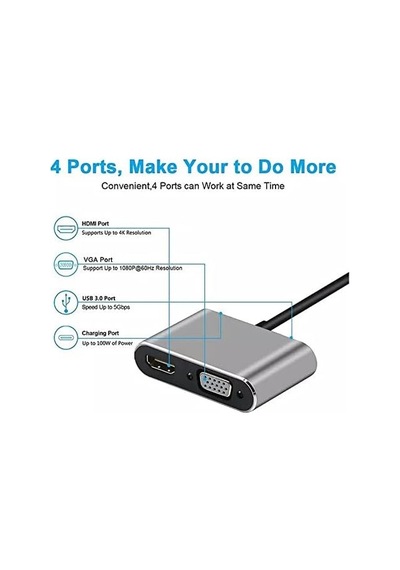 Type-c Hdmi Vga Usb 3.0 Type 4in1 Video Dönüştürücü Veri Aktarıcı Usb Adaptör Notebook Ve Macbook İle Uyumlu Gri Tc-26