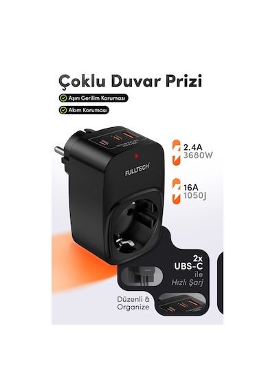 Fulltech Ftr-24 Çoklu Duvar Prizi 16a 3680w Siyah 2x Usb-c + 1x Usb-a Şarjlı Priz Akım Korumalı Kablosuz