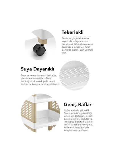 4 Katlı Tekerlekli Banyo Rafı - Havluluk Deterjanlık Makyaj Organizer Düzenleyici Raf Ünitesi Bej Bej