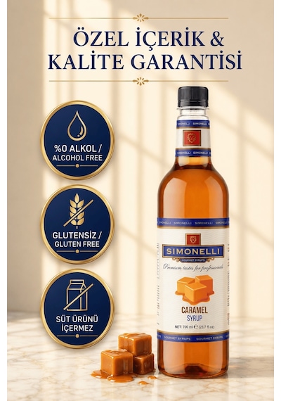 Simonelli Karamel Aromalı Kahve ve Kokteyl Şurubu 700 ML + Şurup Pompası - Latte Frappe Soğuk Sıcak Kahve ve Tatlı Şurubu