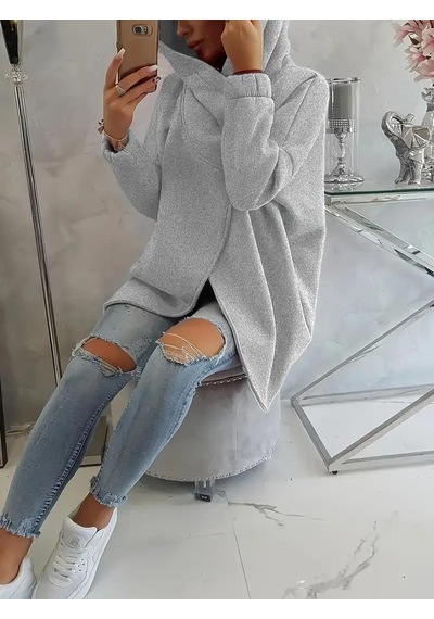 Gri Kadın 3 İplik Şardonlu Kapüşonlu Ceket Asimetrik Fermuarlı Oversize Gri