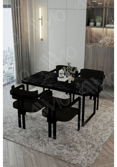 Avvio Mary Metal Ayak Tokyo Demonte Sandalye 80x120 Yemek Masası Mutfak Masası 4 Kişilik Siyah Mermer