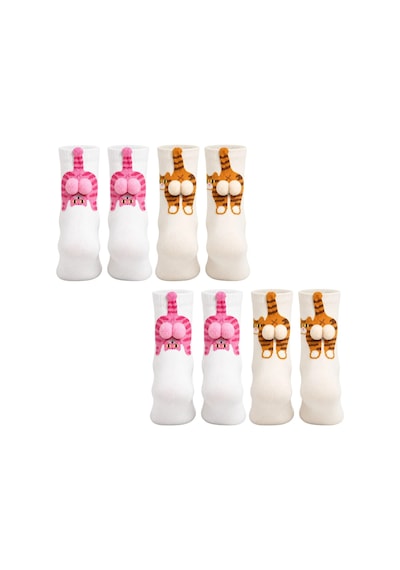 Genel Kadın 4'lü Kedi Desenli 3d Ponponlu Soket Çorap Seti Pembe Turuncu T Çok Renkli / 36-40 / 4 Adet Çok  Renkli