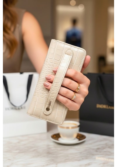 Vanilla Collection Telefon Bölmeli Timsah Desenli Fermuarlı Kadın Cüzdanı Bej Vegan Deri Bej