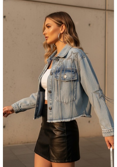 Esb Design Kadın Mavi Taşlı Zincirli Cepli Mevsimlik Düğmeli Kısa Denim Ceket A36-082