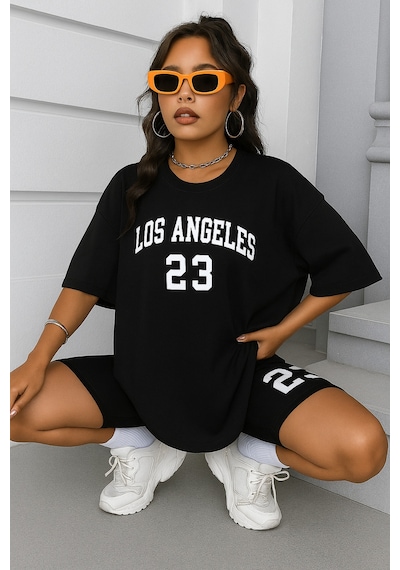 Los Angeles Baskılı Oversize Unisex Tişört SIYAH