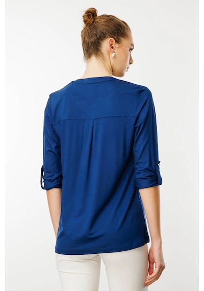 Desen Triko Kadın Açma Yaka Önü Düğmeli Penye Bluz 25765 Indigo Indigo
