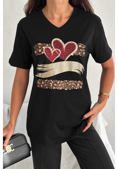 Femelle Kadın Siyah Büyük Beden %100 Pamuk V Yaka Kalp Pul Payet İşlemeli Tişört