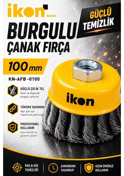 İkon Tools Burgulu Çanak Fırça 100 Mm Taşlama Uyumlu Çelik Tel Fırça Pas Kir Boya Temizleme Fırçası