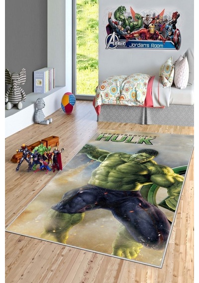 West Home Makinede Yıkanabilir Kaymaz Taban Leke Tutmaz Süper Kahraman Desenli Çocuk Halısı Wh 519 Green Yeşil
