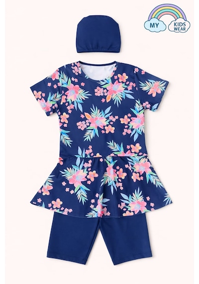 My Kids Wear Kız Çocuk Desenli Şortlu Bone Li Mayo Takımı 12571 Lacivert