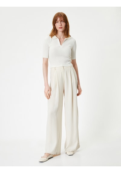 Koton Polo Yaka Kazak Triko Crop Kısa Kollu Ekru 4sak90144ht Ekru