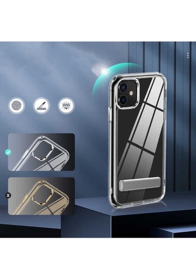 Apple Uyumlu iPhone 12 Kılıf Standlı Şeffaf Silikon Zore L-stand Kapak Renksiz