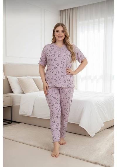Eyfuze Kadın Büyük Beden Yakası Düğmeli Kısa Kollu Bambu Pijama Takımı Pembe