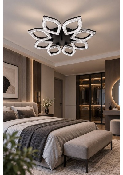 Yonca Model Siyah Kumandalı 8 Li Ledli 3 Renk Modu Kristal Salon Mutfak Yatak Çocuk Odası Avize