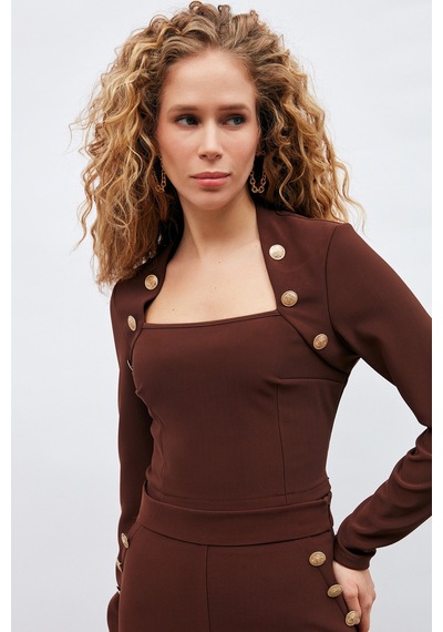 Sateen Düğme Detaylı Bluz - Kahve