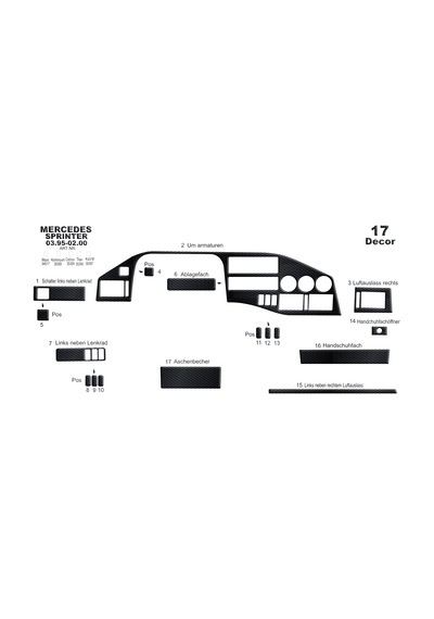 Mercedes Sprinter Volt Torpido Kaplama 1995-2000 17 Parça Siyah Karbon