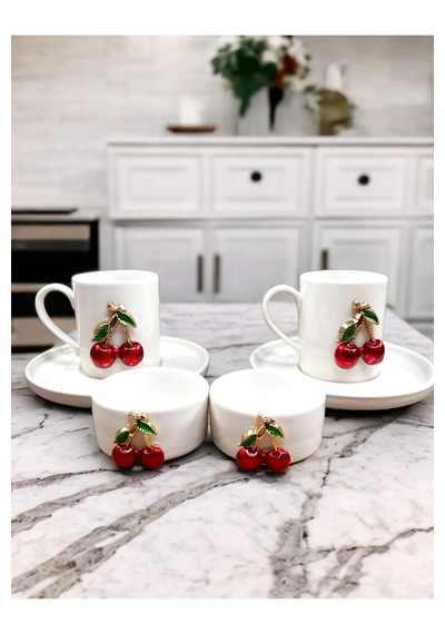 2 Kişilik Porselen Kiraz Fincan Takımı Seti Ve 2 Adet Porselen Be
