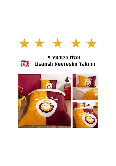 Lisanslı %100 Pamuk Çarşafı Lastikli Tek Kişilik Nevresim Takımı Galatasaray 5. Yıldız Sarı Kırmızı