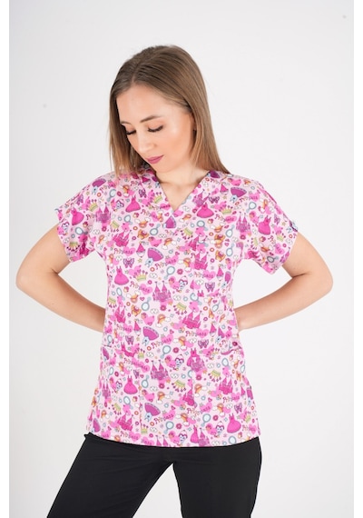 Unisex Pembe Prenses Desenli Likralı Scrubs Hemşire Doktor Hastane Üst Üniforması Pembe