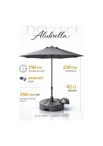 Alubrella Antrasit Renk Bahçe Şemsiyesi Yuvarlak Bidonlu, 250 Cm Çap, Su Geçirmez Kumaş Antrasit