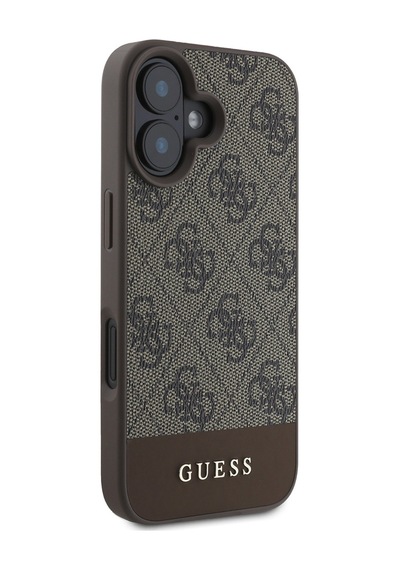 Apple Uyumlu iPhone 16 Kılıf Guess Lisanslı Pu Deri Şerit Logo Dizaynlı Kapak Kahverengi