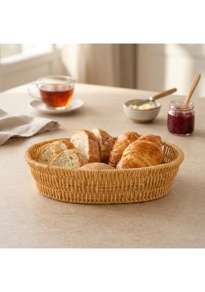 El Yapımı Doğal Hasır Sepet - Oval Çok Amaçlı Ekmeklik Ve Düzenleyici 20,5 X 20,5 X 7 Cm 000 Açık Krem
