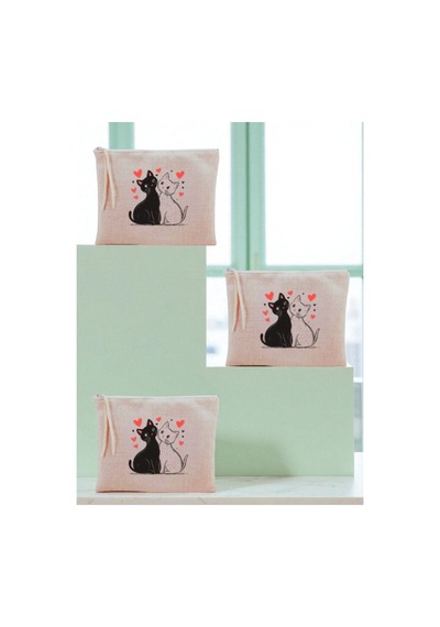 Kalpli Kedi Baskılı 3'lü Makyaj Çantası 20x25 Cm - Seyahat Makyaj Çantası