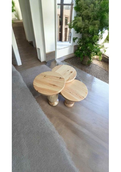 Dekoratif Ahşap Mantar Sehpa 3 Lü Set Naturel Renk Masif Fiskos