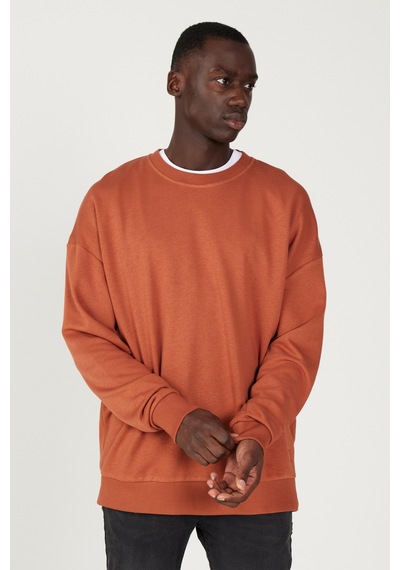 AC&Co / Altınyıldız Classics Oversize Bisiklet Yaka Pamuklu Erkek Sweatshirt Açık Kahverengi