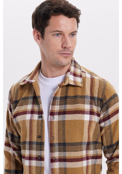 Tudors Erkek Slim Fit Dar Kesim Kareli Kışlık Oduncu Gömlek-42121 Bej