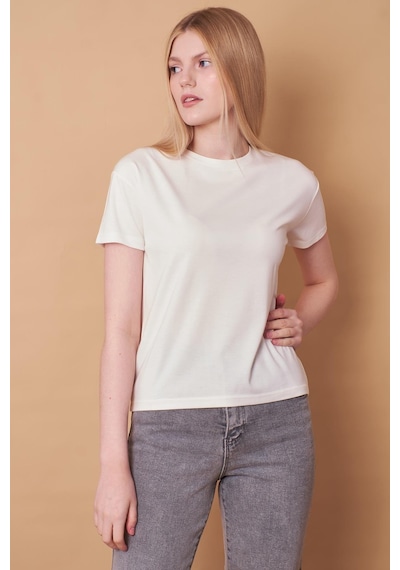 Jument Kadın Sıfır Yaka Kırışmaz Span Karışımlı Şık Kısa Kol Likralı T-shirt Bluz-krem Krem Jument Kadın Sıfır Yaka Kırışmaz Span Karışımlı Şık Kısa Kol Likralı T-shirt Bluz-krem Krem