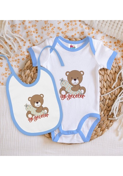 Bk Kids Sevimli Ayıcık Tasarımlı Mavi Bebek Body Zıbın Ve Mama Ön Çok Renkli