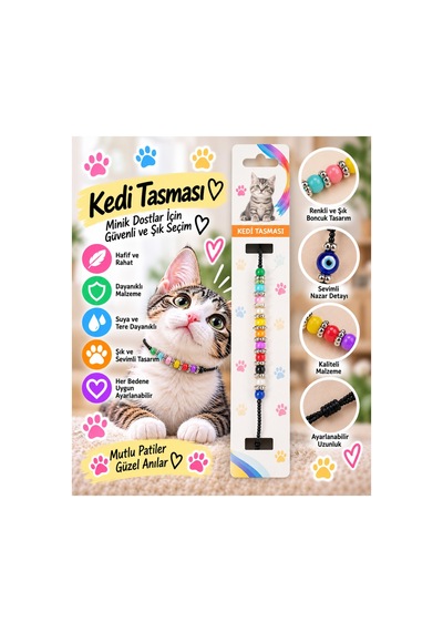 Kedi Tasması Renkli Boncuklu Nazar Detaylı Ayarlanabilir Boyun Tasması