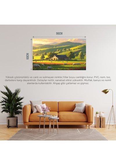 Doğa Ve Manzara Yatay Küçük Çiftlik Evi Yeşil Tepeler, Çiçek Açmış Tarlalar Doğa Ve Huzur 01 Çerçevesiz 90x60cm Pvc Tablo