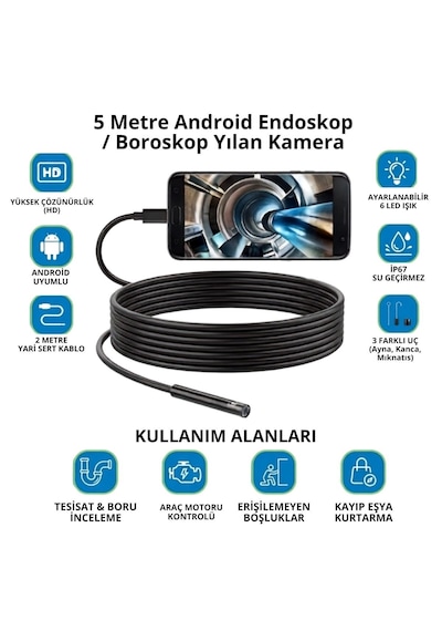 5 Metre Android Telefon Uyumlu 6 Led Işıklı Su Geçirmez Endoskop / Boroskop Yılan Kamera Hd 5332
