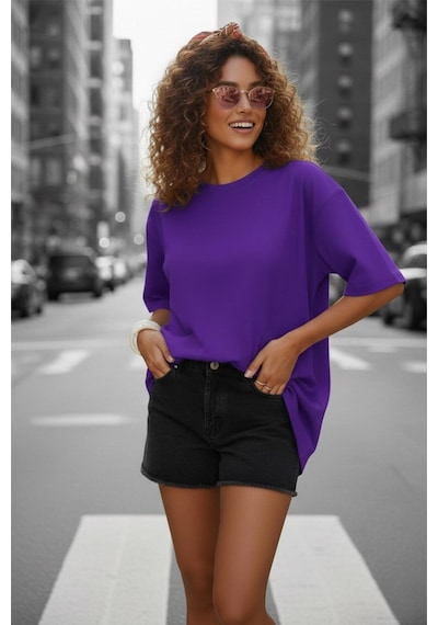 Mily Kadın Oversize Basic Bisiklet Yaka Pamuklu T-shirt Rahat Kesim Unisex Sevgili Kombini Mor