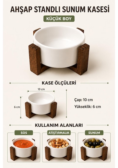 Ahşap Standlı Bowl Kase Çerezlik Sunumluk Salata Tabağı Sosluk Tek Kişilik Salata Kasesi 10 Cm Beyaz